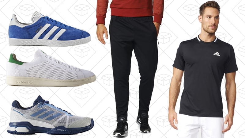 Gazelle Shoes, $56 | Stan Smith Primeknit Shoes, $77 | Barricade Club Shoes, $56 | Trio 3-Stripes Pants, $46 | Essex Tee, $32